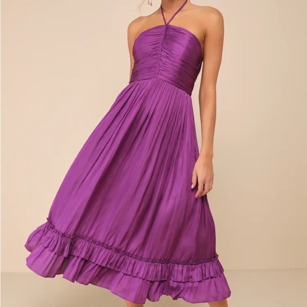 NWT Lulus Pleasing Chicness Purple Satin Halter Tiered Midi Dress
